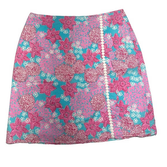 Lilly Pulitzer White label skirt.  Pink flowers against aqua background. Size 12 - Picture 1 of 16